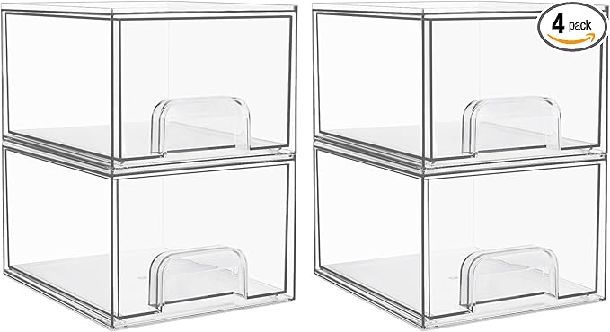 Vtopmart 4 Pack Small Clear Stackable Storage Drawers,Acrylic Bathroom Makeup Organizer,Plastic Storage Bins For Vanity, Undersink, Kitchen Cabinets, Pantry, Home Organization