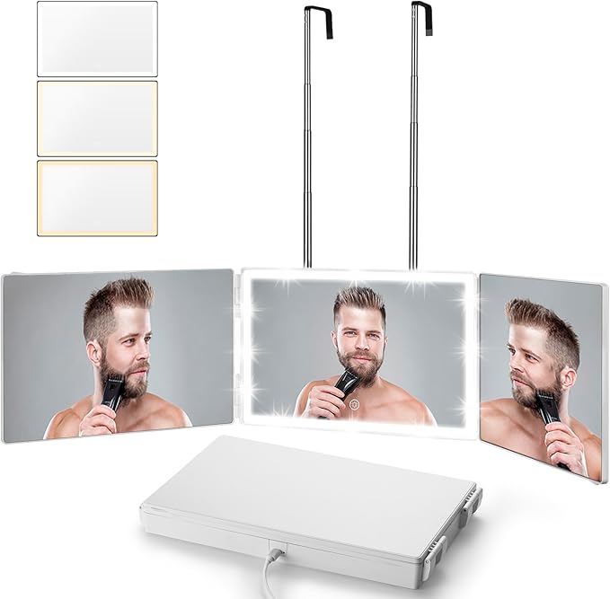 Vanexiss Rechargeable 3 Way Mirror for Hair Cutting, Real Glass Adjustable Trifold Mirror with 3 Color Temps LED Light & Telescoping Hooks for Makeup, Shaving & Styling(White)
