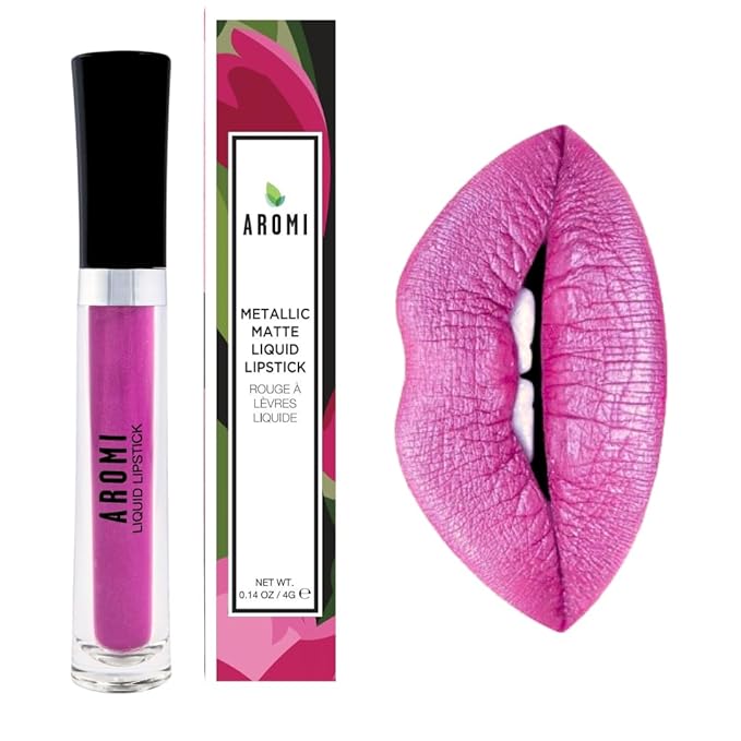 Aromi Metallic Liquid Lipstick | Long-lasting, Fuchsia, Pink Lip Color with Shimmery Finish, Waterproof, Vegan, Cruelty-free, Gluten Free (Moody Magenta)