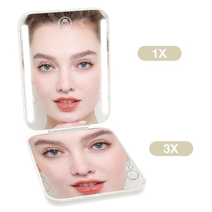 Kintion Rechargeable Pocket Mirror, Wheat Straw Material 1X/3X Magnification Portable Compact Mirror, Handheld Travel Mirror, Small Purse Mirrors for Women, Apricot
