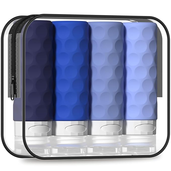 Travel Bottles for Toiletries, 4pcs Tsa Approved 3oz Travel Size Containers, BPA Free Leak Proof Premium Silicone Bottles, Refillable Liquid Squeezable Accessories W/Toiletry Bag (Blue)