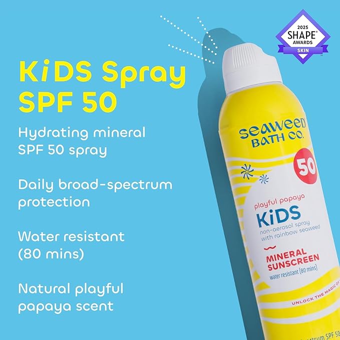 Seaweed Bath Co. Kid's on the Move Mineral SPF 50 Broad Spectrum Zinc Oxide Sunscreen Spray, 6 Oz., Water Resistant, Tear Free Children's Sunblock