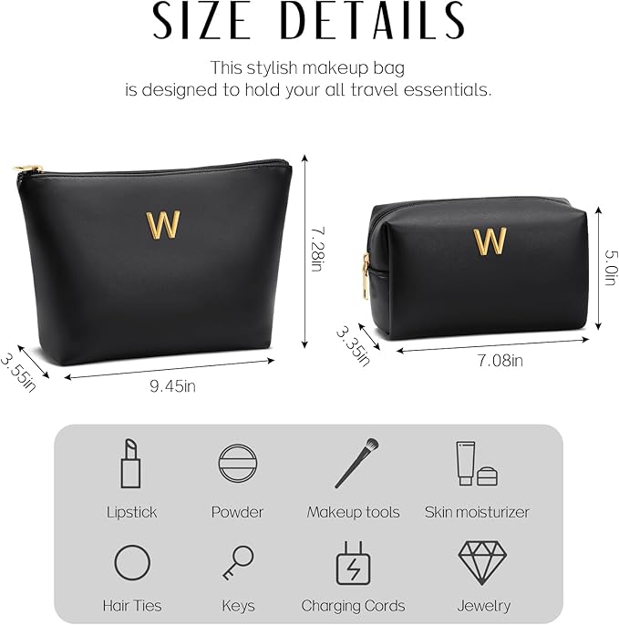 Women Gifts | Initial Makeup Bag Set for Girl Personalized Gifts for Bridesmaid Friend Graduation Teachers PU Leather Cosmetic Travel Toiletry Bag(Black,W)