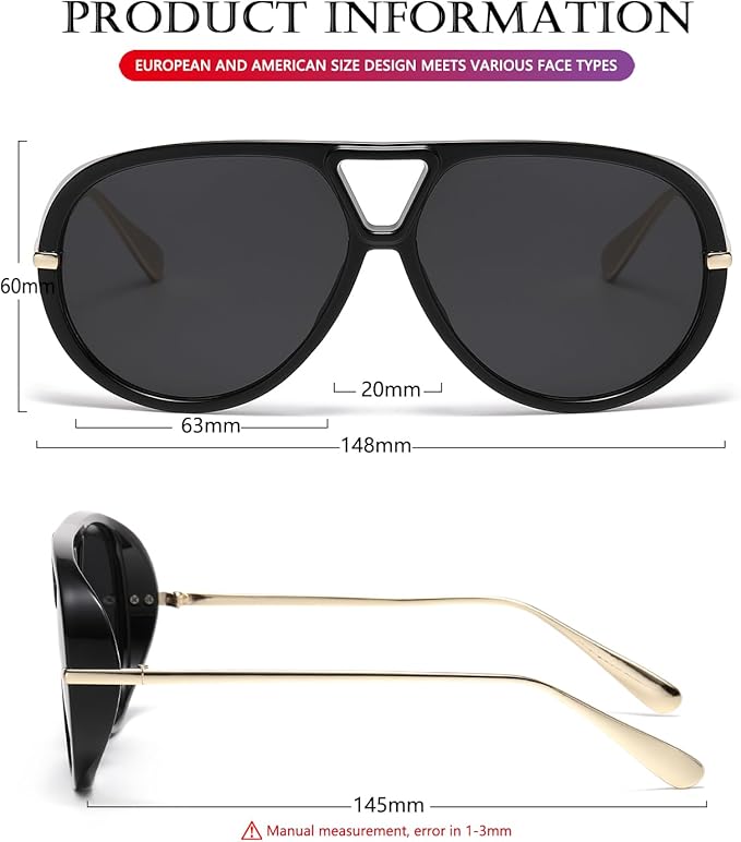 AIEYEZO Oversized Aviator Sunglasses Women Men Fashion Retro Big Frame Sun Glasses Designer Ladies Shades