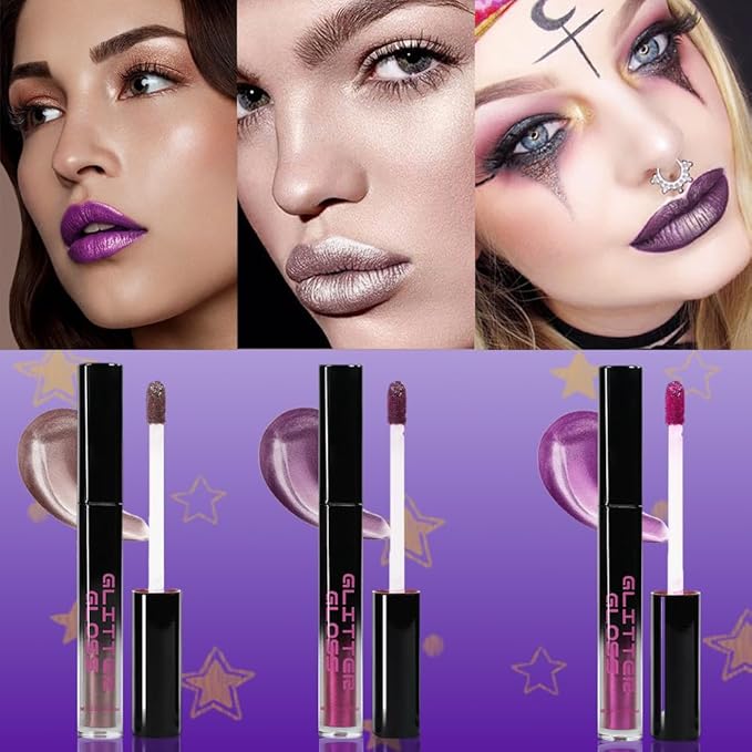 Taupe Purple Dark Purple Metallic Lipstick for Women,Glitter Sparkling Liquid Lipstick,Long Lasting Waterproof Lightweight Non-Drying Bold Dark Lip Gloss for Gothic Stage Makeup,Vegan