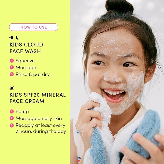 Kids Happy Morning DUO: Clean & Vegan Skin Care for Kids Bundle | Skin Care Cloud Face Wash + SPF 20 Mineral Face Cream | Non-Toxic | Non-Comedogenic | Fun | Easy-to-Use Skincare