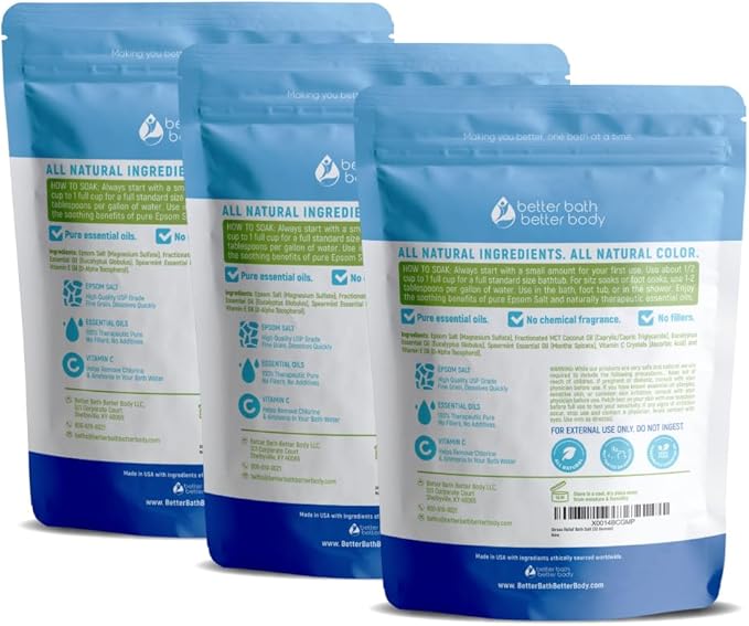 Stress Relief Bath Salt (3 Pack Plus Scoop) Epsom Salt Relaxing Bath with Eucalyptus and Spearmint Essential Oils Plus Vitamin C Crystals in BPA Free Pouch Made in USA 2 lbs Pouches 6 Lbs Total