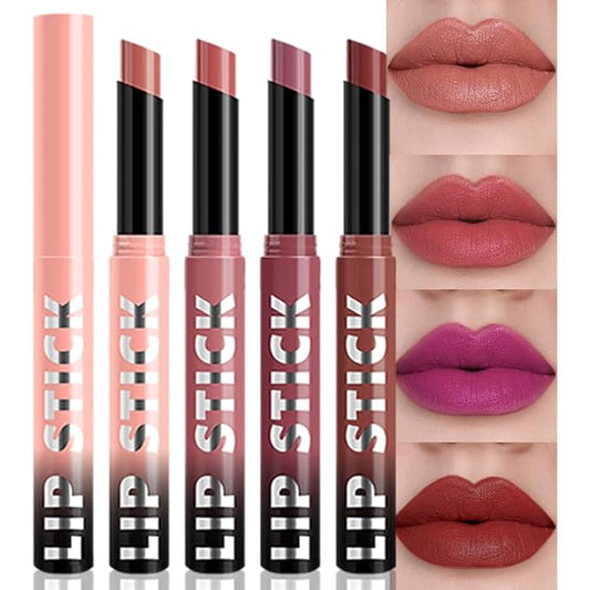 4Pcs Matte Lipstick Set for Women, Warm Pink Coral Red Purple Dark Red Lipsticks Lip Balm, Long Lasting Waterproof Transfer-Proof Vegan Lip Gloss Beauty Products Makeup All-Day Formula SetA01