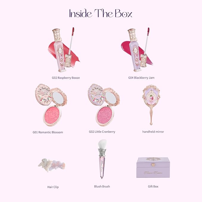 Flower Knows Violet Strawberry Rococo Makeup Box Set,8 Pack Makeup Box with Mirror,Lip Gloss×2+Blush×2+Blush Brush×1+Wisteria Purple Handheld mirror×1+Hair Clip×1+Gift Box×1