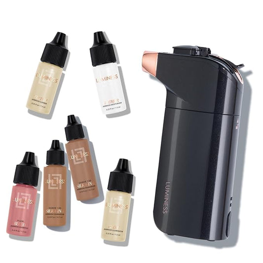 Luminess Breeze Duo Airbrush Makeup System, Deep Coverage – 9-Piece Kit includes 2x Silk Airbrush Foundation, Apricot Shade Blush, Glow Highlighter, Moisturizer Primer, and Airbrush Cleaning Solution