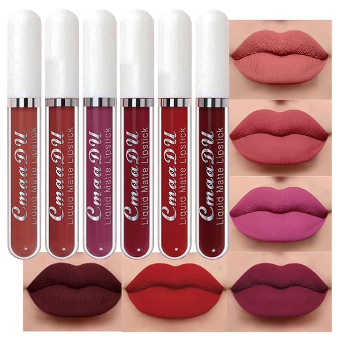 evpct 6Pcs Lipstick Matte Liquid Lipstick Lipgloss Set for Women, Dark Ruby Plum Wine Red Violet Purple Nude Beige Pink labiales mate 24 horas originales matte larga duracion 24 Hour Lipstick