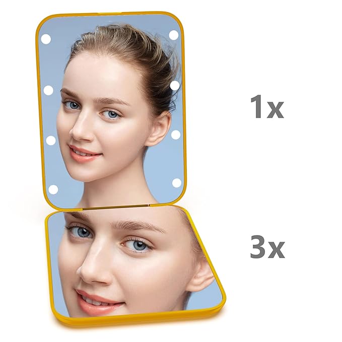 Kintion Pocket Mirror, 1X/3X Magnification LED Compact Travel Makeup Mirror with Light for Purse, 2-Sided, Portable, Folding, Handheld, Small Lighted Mirror for Gift, Yellow