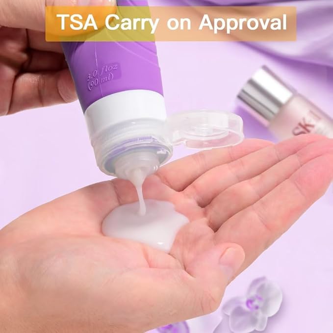 GLAMFIELDS Travel Bottles for Toiletries TSA Approved, 3oz Size Leak Proof Silicone Travel Containers for Shampoo, Lotion,Easy to Squeeze Portable, Essentials for Traveling (4 Pack) Purple