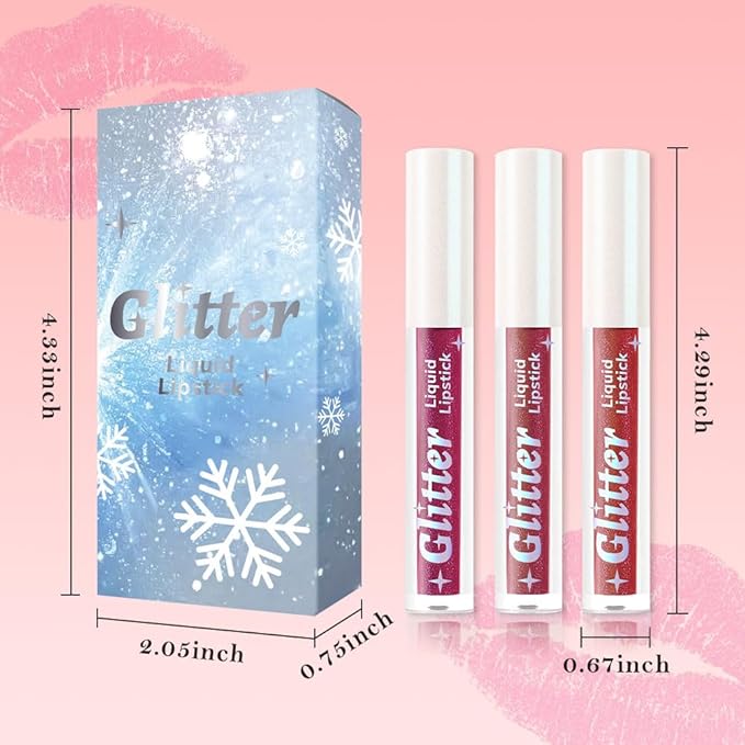 3Pcs Metallic Lipstick for Women,Lightweight Glitter Sparkling Liquid Lipsticks,Shimmer Lip Gloss Stain Long Lasting Waterproof Smudge Proof Non-Drying 24 Hour Full Coverage Lip Makeup,Vegan