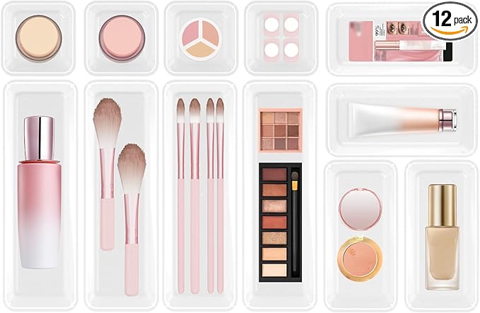 12 PCS Plastic Drawer Organizer Set, Sturdy 3-Size Makeup Vanity Desk Drawer Organizer Trays and Storage Bins for Cosmetics, Junk and Gadgets – Ideal for Bathroom, Bedroom, Office and Kitchen