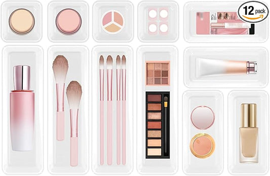 12 PCS Plastic Drawer Organizer Set, Sturdy 3-Size Makeup Vanity Desk Drawer Organizer Trays and Storage Bins for Cosmetics, Junk and Gadgets – Ideal for Bathroom, Bedroom, Office and Kitchen