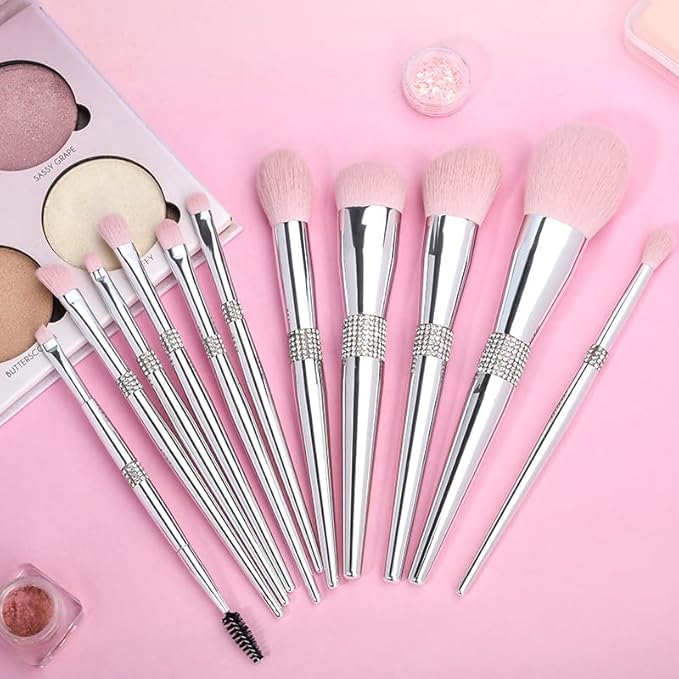 Professional Makeup Brush Set Luxury 11pcs Silver Glitter Crystal Make Up Brush Kit Vegan Soft Synthetic Hair Foundation Eyeshadow Eyebrow Lip Cosmetic Brush Set With Gift Box For Girl