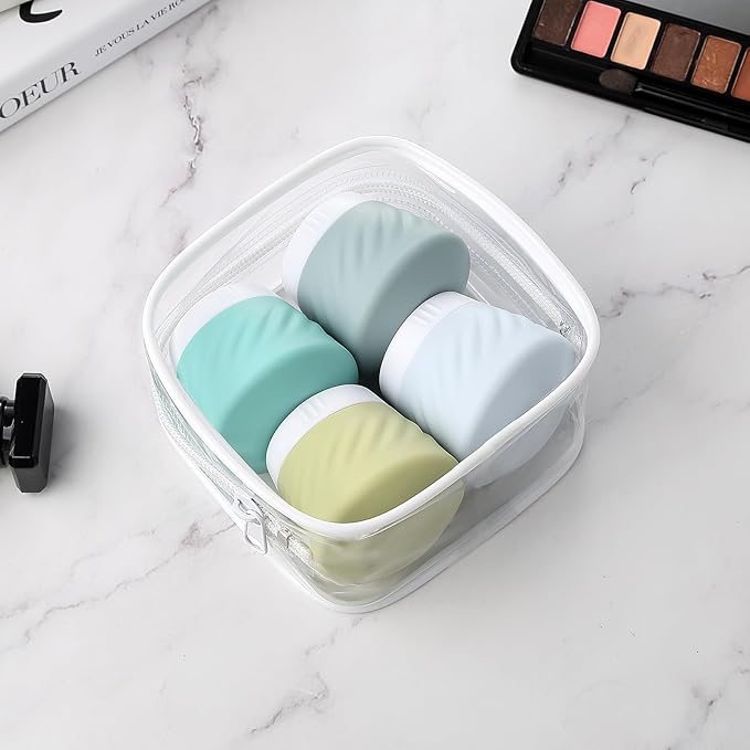 Gemice BPA-Free Silicone Travel Cream Jars with Clear Bag, Leak-proof Toiletries Containers for Cosmetic Face Body Hand Cream (4 Pack)
