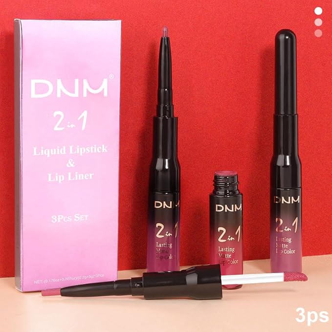 3Pcs 2 in 1 Rose Red Plum Warm Pink Deep Cranberry Lip Liner and Liquid Lipstick Stain Makeup Set for women, Long Lasting Smudge Proof Lip Tint Matte Finish Lip Gloss for All-Day Color Hold, Set14
