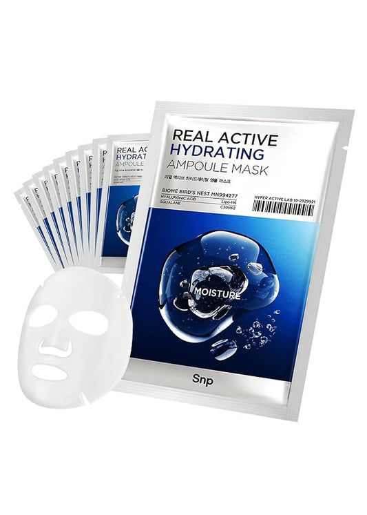 SNP Real Active Hydrating Ampoule Sheet Mask | Moisturizing and Nourishing for All Skin Types | Vegan Sheet Masks with Hyaluronic Acid | Korean Face Masks Skincare | Facial Mask | 10 Sheets