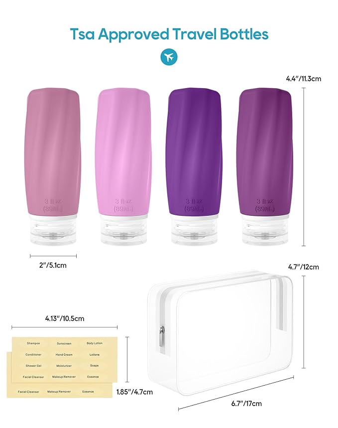 Morfone Travel Bottles for Toiletries, 3oz Tsa Approved Travel Size Containers Leak Proof Squeezable Travel Accessories Refillable for Shampoo Conditioner Lotion Liquids(Purple)