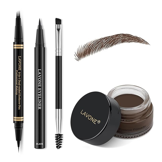 Makeup Kit with 4 Tip Waterproof Microblading Eyebrow Pencil, Eyeliner, Pomade and Dual-ended Eyebrow Brush - Dark Brunette