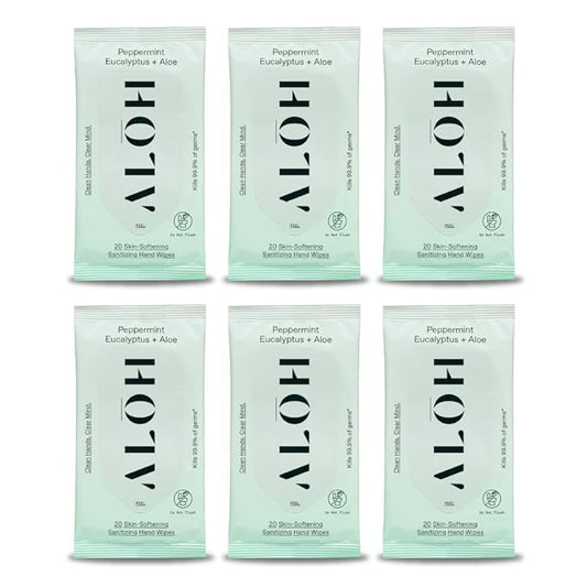 ALŌH Peppermint Eucalyptus Sanitizing Hand Wipes - Clean Hands, Clear Mind On The Go Sanitizer for Kids and Adults - Travel Size 6 packs of 20ct Wipes (120 Wipes)