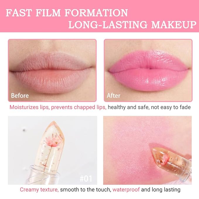 BINGBRUSH 2 Pcs Crystal Flower Jelly Color Changing Lipstick,Long Lasting Lip Care Moisturizer Lip Balm Magic Lip Gloss Lip Tint Stain Matte Makeup Lipstick (01#Pink&02#Rose red)