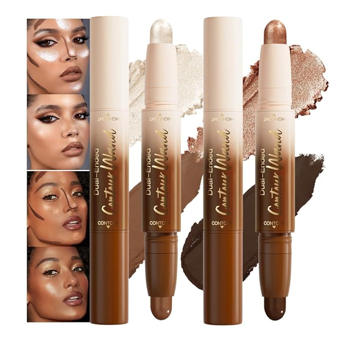 2Pcs Contour Stick Dual Ended Face Body Makeup Waterproof no Transfer, 2 in 1 Cream Concealer Stick Contouring Makeup Kit, Nose Contour Bronzer Sticks Face Highlighter Make up 25#+26#