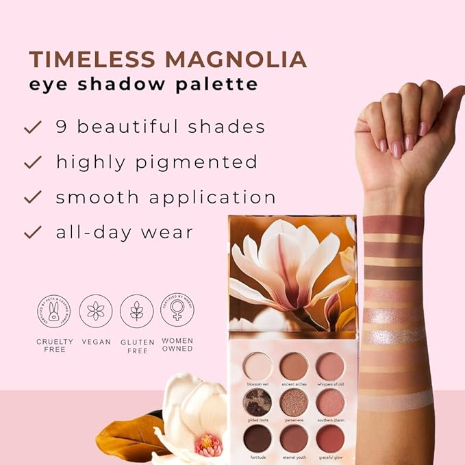 Honeybee Gardens Timeless Magnolia Eye Shadow Palette, 9 Shades, Matte and Shimmer Finish, Neutral Browns and Pinks, 0.45 oz