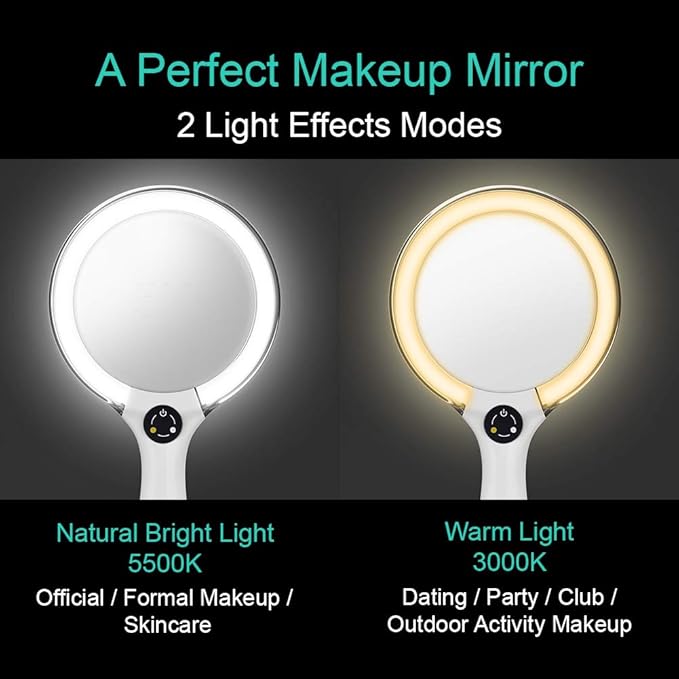 Starlite Handheld Rechargeable Lighted Makeup Mirror with Stand, 1X/5X Magnification, Dual Sided & Vanity Mirror with Bright and Warm Light, Cordless Rechargeable Mirror (White Colour)