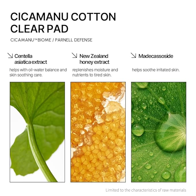 Parnell Cicamanu Cotton Clear Pad - Centella Asiatica, Ceramide, LHA, PHA, Daily Exfoliating and Soothing Biodegradable Pads for Acne-Prone Skin (90 Pads)