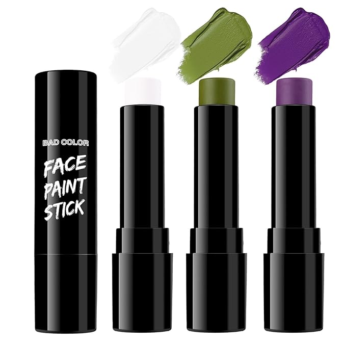BADCOLOR 3PCS White Ogre Green Purple Face Body Paint Stick Makeup for Beetle-juice/ Frankenstein SFX Cosplay & Dress Up, Full-Coverage Halloween Facepaint Makeup Kit