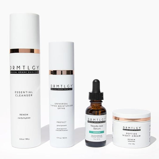 DRMTLGY Hydration Superstars Kit: Needle-less Serum, Peptide Night Cream, Tinted Moisturizer & Essential Facial Cleanser