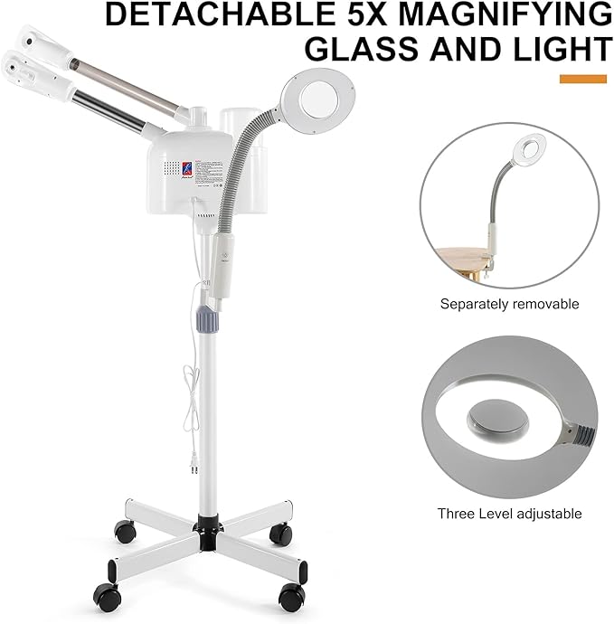 Professional 3 in 1 Facial Steamer Upgrade Esthetician Steamer with hot & Cold Nozzle 5X LED Magnifying Lamp Beauty Salon Spa