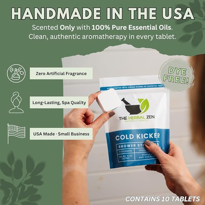 Cold Kicker Shower Steamers Aromatherapy for Sinus Relief - Adult Stocking Stuffer Christmas Gift - USA Made - Peppermint & Eucalyptus Shower Bomb Tablets - Soothing Natural Essential Oils (10 Pack)