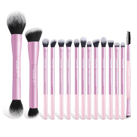 MAANGE 15 PCS Makeup Brushes Double-ended Makeup Brush Set Double Sided Angled/Round Top Brush Foundation Contour Blending Eyebrow Eyeshadow Concealer (Pink)