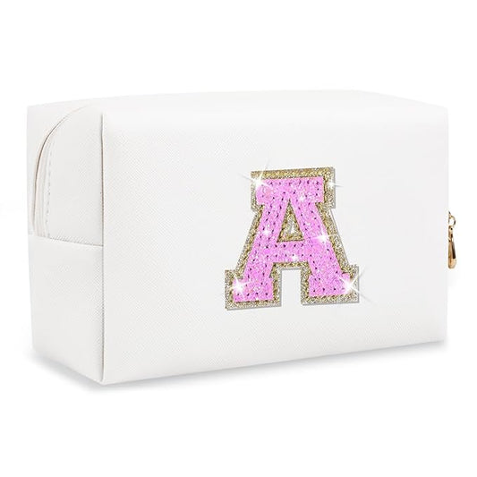 Small Initial Patch Makeup Bag Personalized Gifts Make Up Bag,White Cute PU Leather Glitter Letter Cosmetic Bag with Zipper,Trendy Portable Travel Toiletry Pouch,Preppy Stuff for Teen Girls Women A