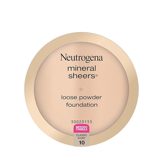 Neutrogena Mineral Sheers Loose Powder Makeup Foundation, Lightweight Face Makeup, Sheer to Medium Buildable Coverage, Sensitive Skin Foundation with Vitamins A, C, & E, Classical Ivory 10, .19 oz