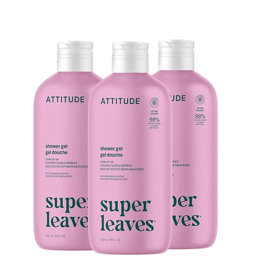 ATTITUDE Body Wash, EWG Verified Shower Gel, Dermatologically Tested, Plant and Mineral-Based, Vegan Personal Care Products, Coconut & Wild Berries Scent, 16 Fl Oz (Pack of 3)