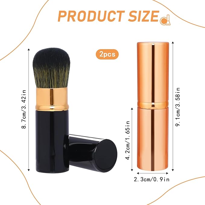Retractable Blusher Brush with Cover, 2 Pack Travel Kabuki Bronzer Makeup Brush Liquid Cream Foundation Powder Brush Extensible Face Blender Brush Professional Concealer Brush for Women (Gold & Black)