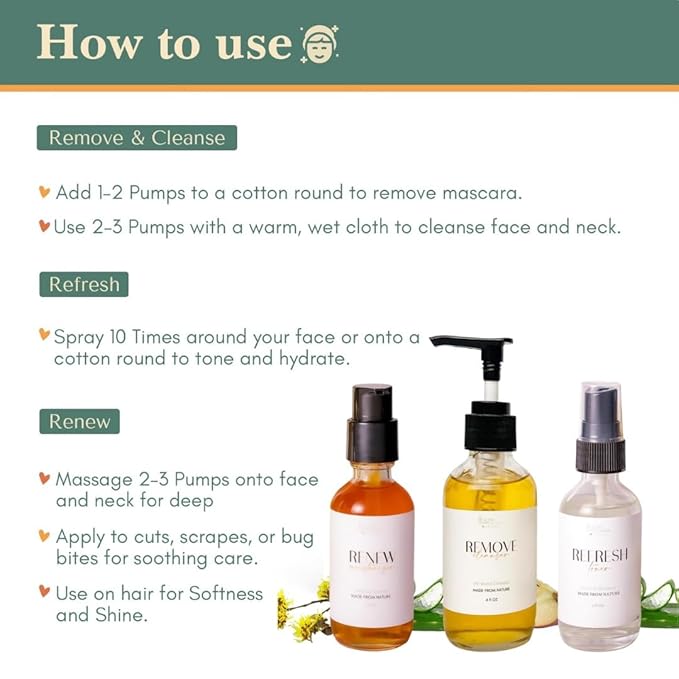 Skin Care Set | Organic Skincare Kit with 4 oz Cleanser, 2 oz Toner & 2 oz Renew Moisturizer | Natural Beauty Gift Set for Nourished, Radiant & Healthy Skin