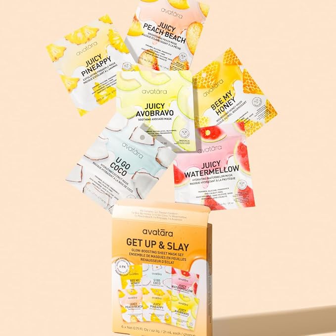 Avatara Get Up & Slay 6-Pack Facial Sheet Mask Variety Pack | K-Beauty Skincare for Dry, Sensitive, Uneven Skin | Gentle Brightening | Fragrance-Free, Paraben-Free & Cruelty-Free Korean Masks