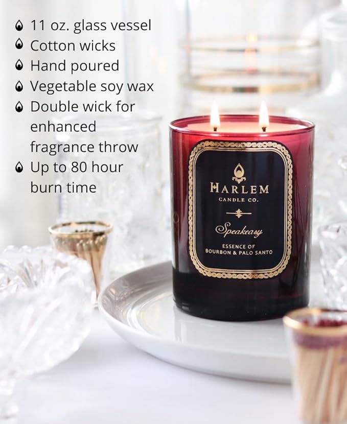HARLEM CANDLE CO. Speakeasy - Luxury Scented Soy Candle, 11 oz - 80-Hour Burn Time | Palo Santo, Cardamom, Incense, Bourbon, Tobacco and Patchouli | Scented Candles for Home