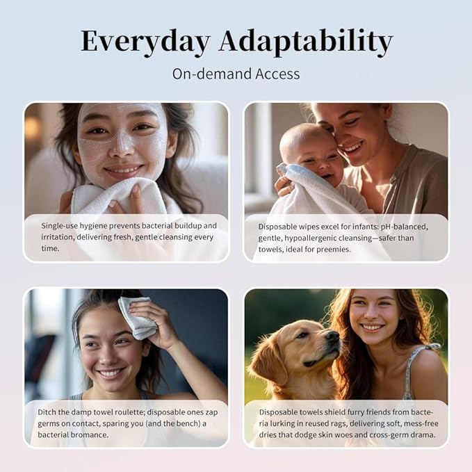 Disposable Face Towels, 10"×12" Face Towel, Towelettes XL, Ultra Soft & Thick Makeup Remover Dry Wipes for Sensitive Skin, Chemical Free 50 Count (1 Pack)