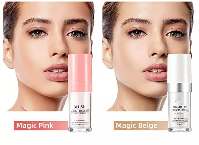 Color Changing Foundation Liquid Base and Color Changing Blush Set, BB Cream Makeup Base with SPF15, Concealer Cover Cream for All Skin Types