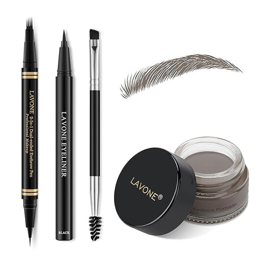 Makeup Kit with 4 Tip Waterproof Microblading Eyebrow Pencil, Eyeliner, Pomade and Dual-ended Brush, Brow Pencil Kit for Natural Looking - Grey