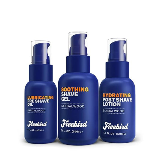 The Freebird Skin Care Bundle - Pre-Shave Oil, Shave Gel, and Aftershave Lotion in Sandalwood