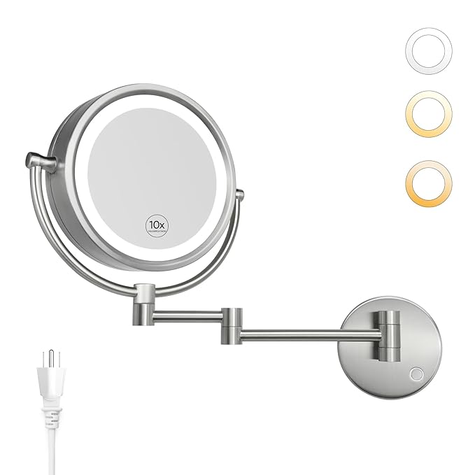 GURUN 8.5 Inch Magnifying Makeup Mirror with 3 Tones Dimmable LED Lights Double Sided Touch Control Vanity Mirror for Bathroom with 10X Magnification M1809DN (Brushed Nickel/10X)