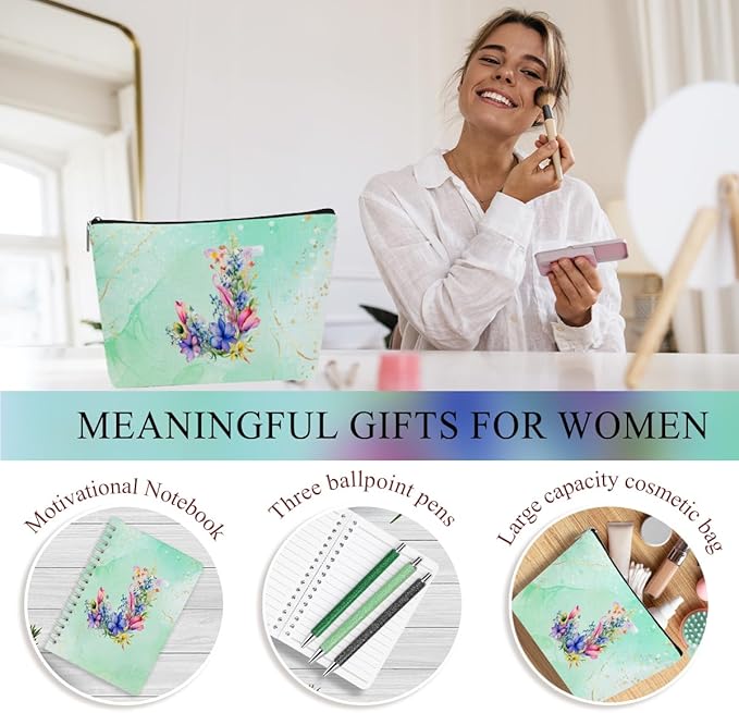 Personalized Gifts Monogrammed Birthday Gifts for Women, Maid of Honor Bachelorette Wedding Christmas Initial 20 oz Tumbler, Makeup Bag Cup Pens Journal Notebook 6 Set, (Aesthetic Green Flower J)